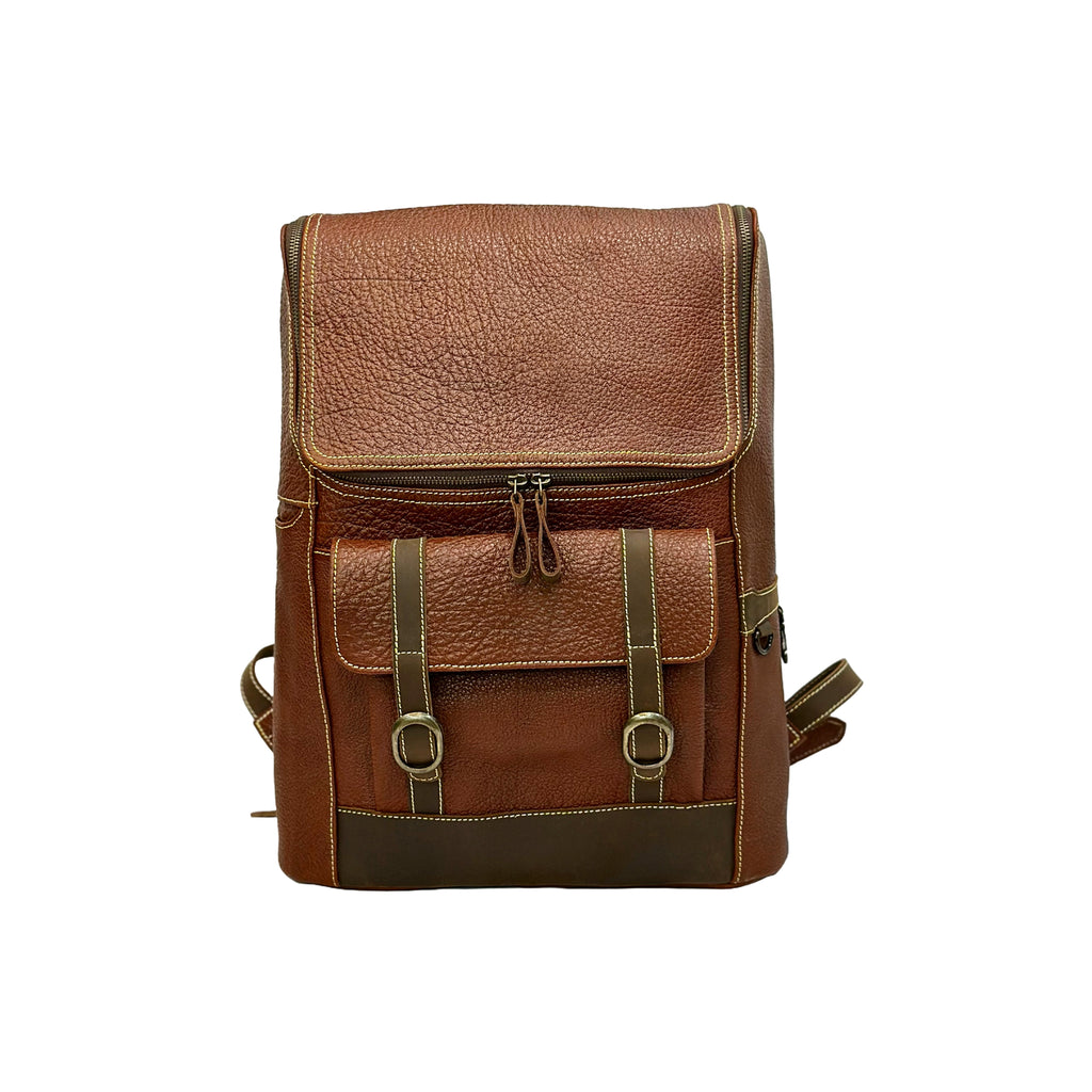 Brown leather backpack on a white background