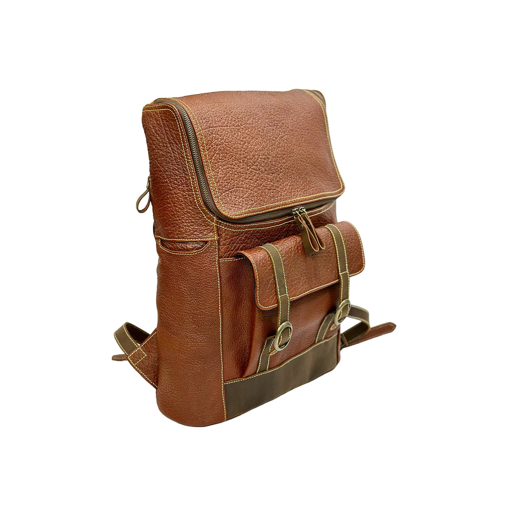 Brown leather backpack on a white background