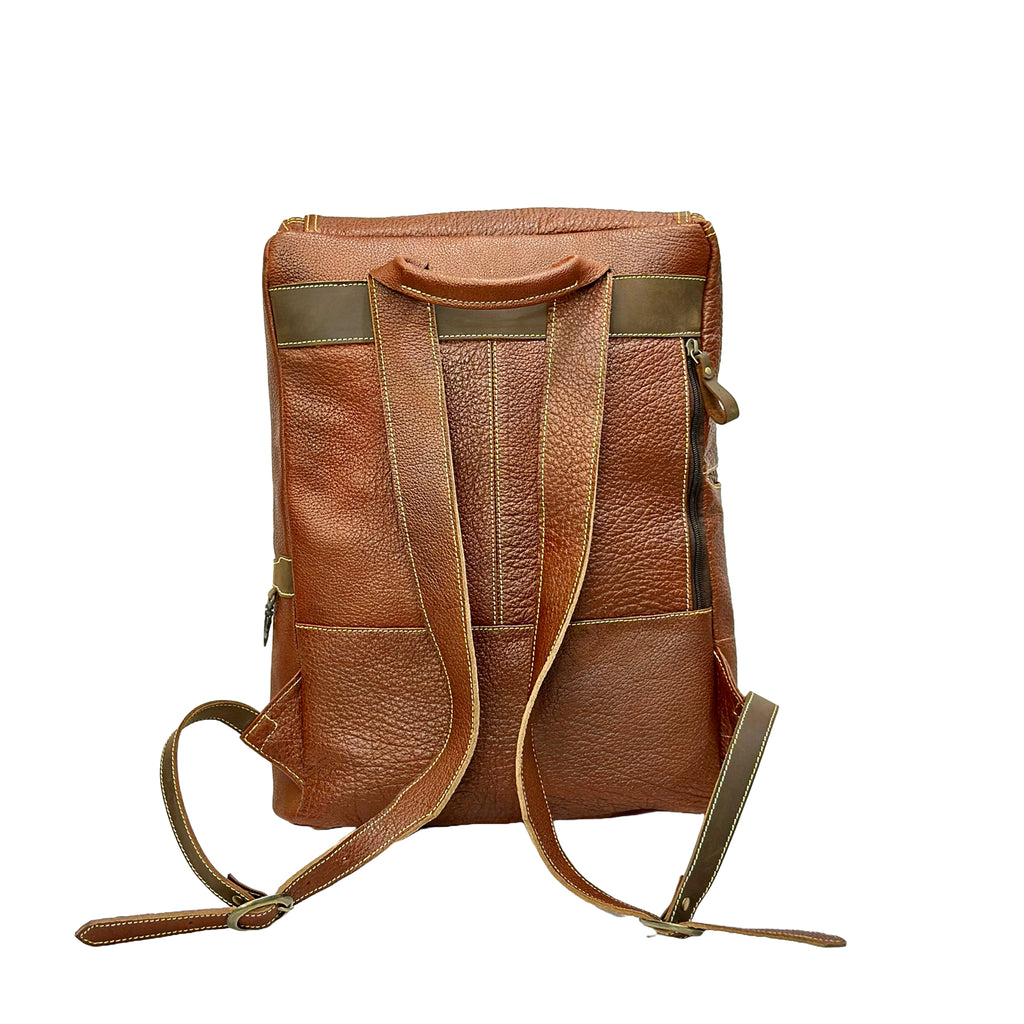 Brown leather backpack with gold accents on a white background