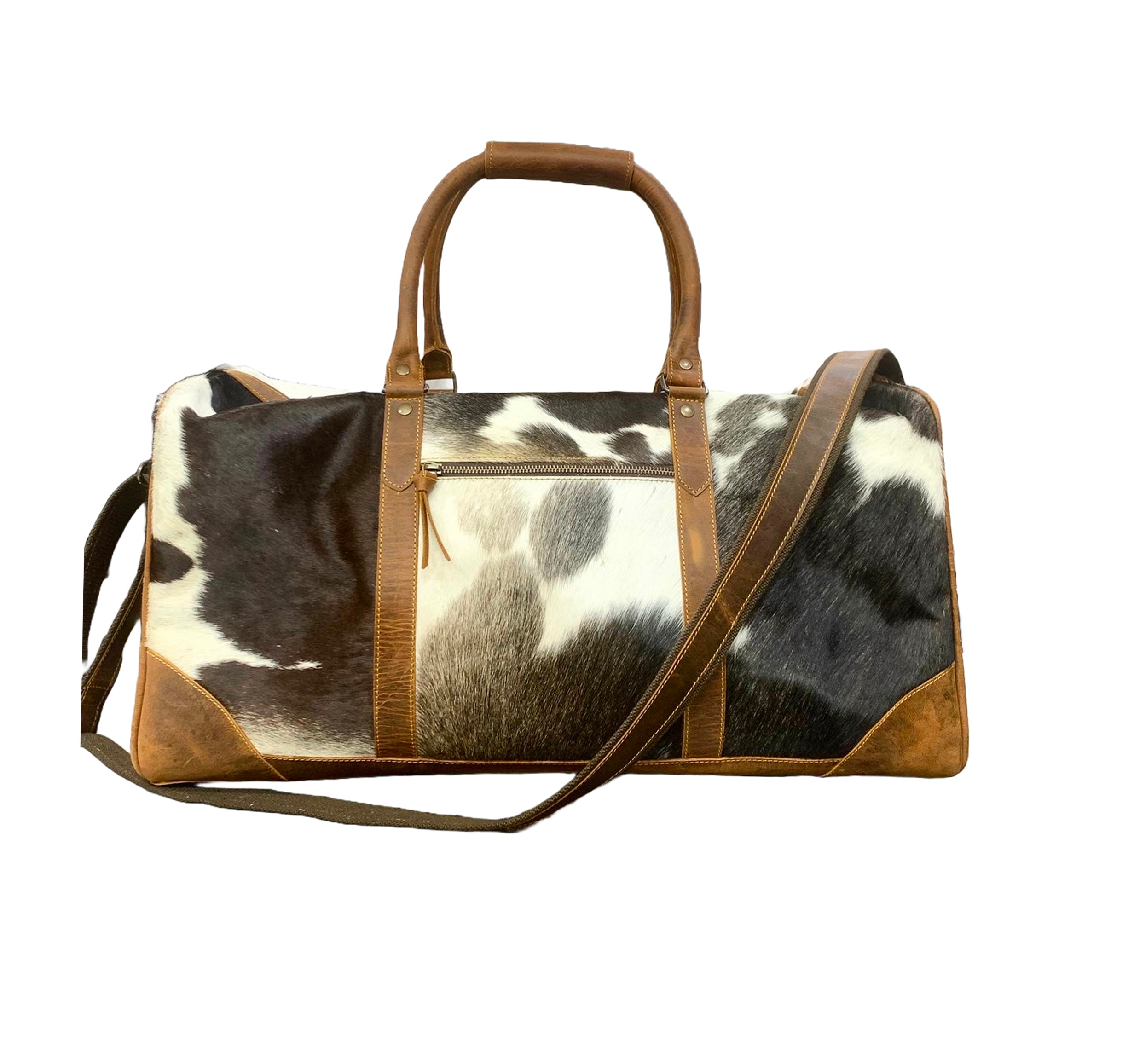 Duffle bag with cowhide leather pattern on a white background