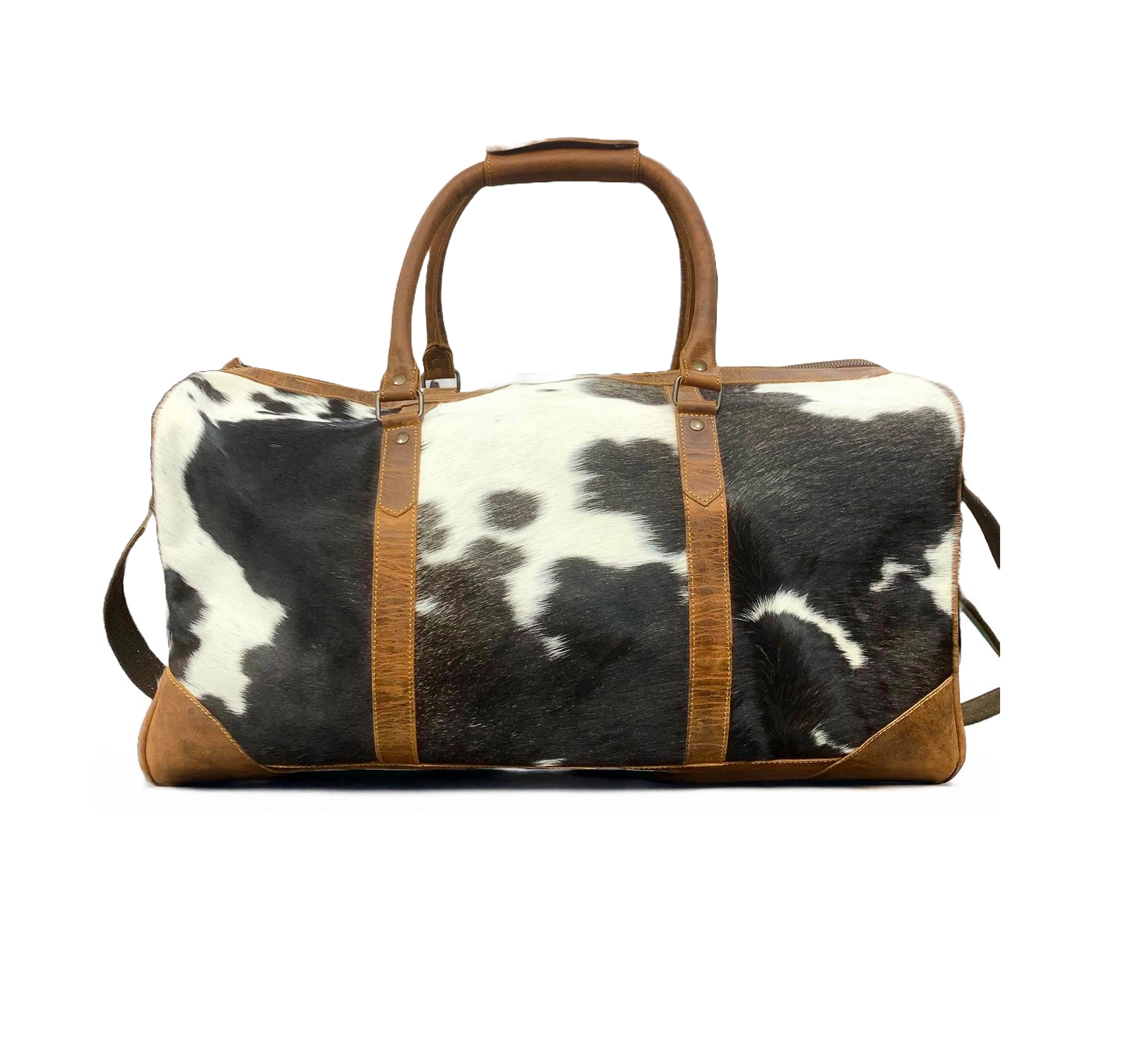 Duffel bag with cowhide leather pattern on a white background