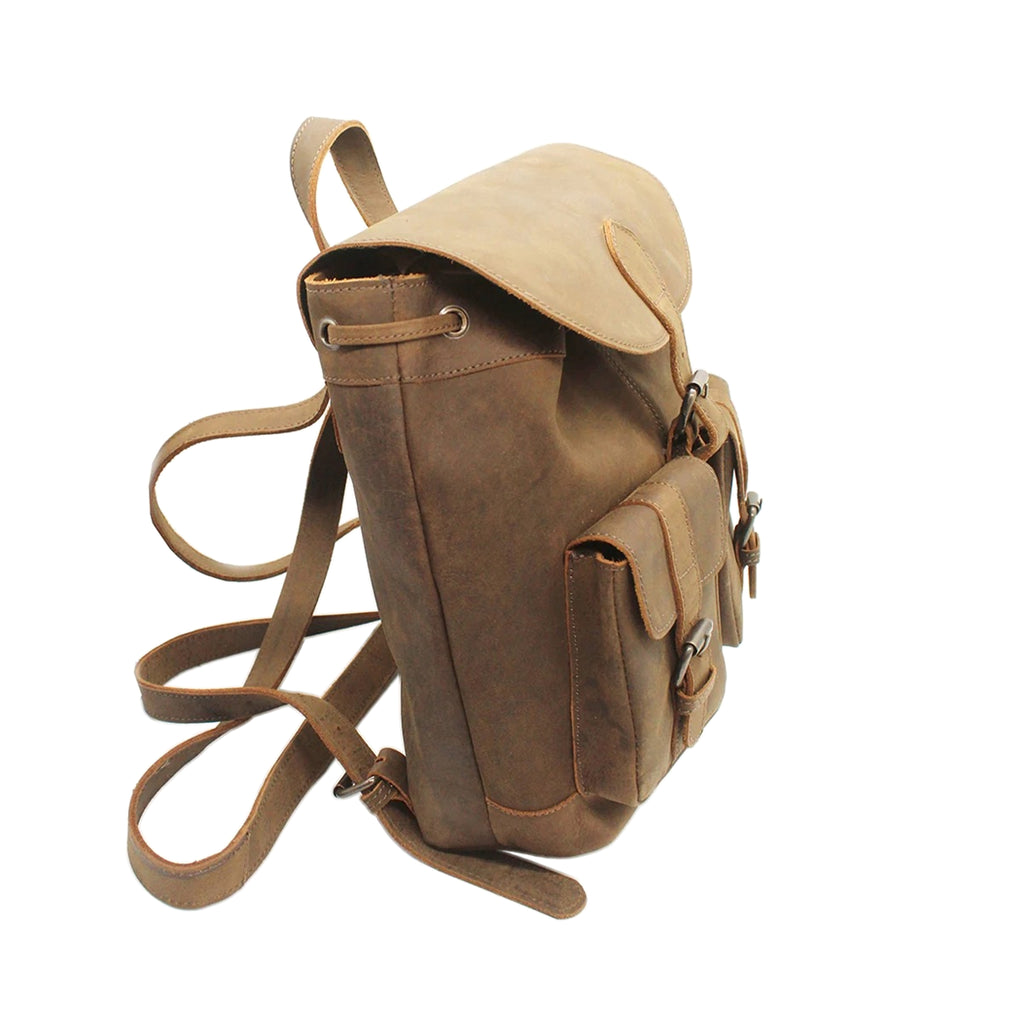 Brown leather backpack on a white background