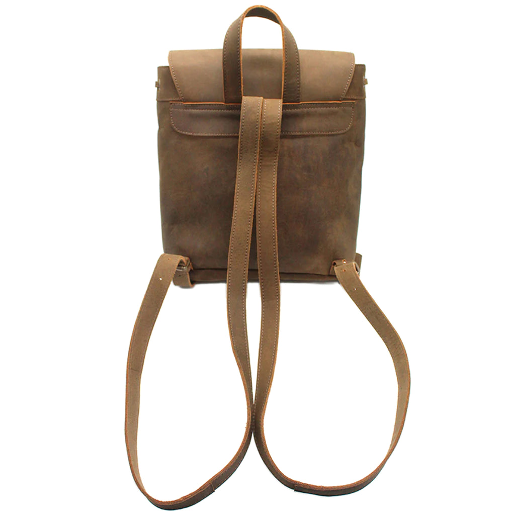 Brown leather backpack on a white background