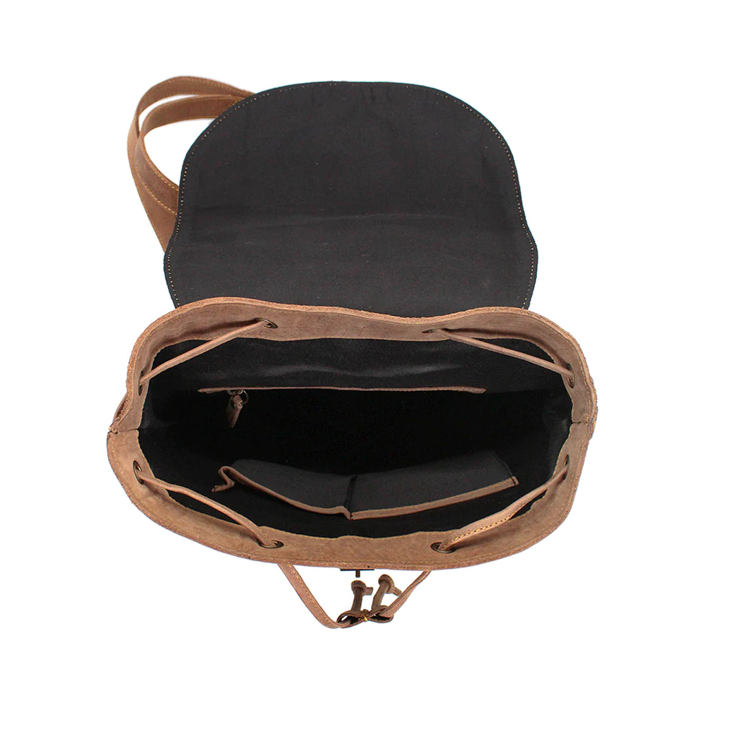 Brown leather backpack with black interior on a white background