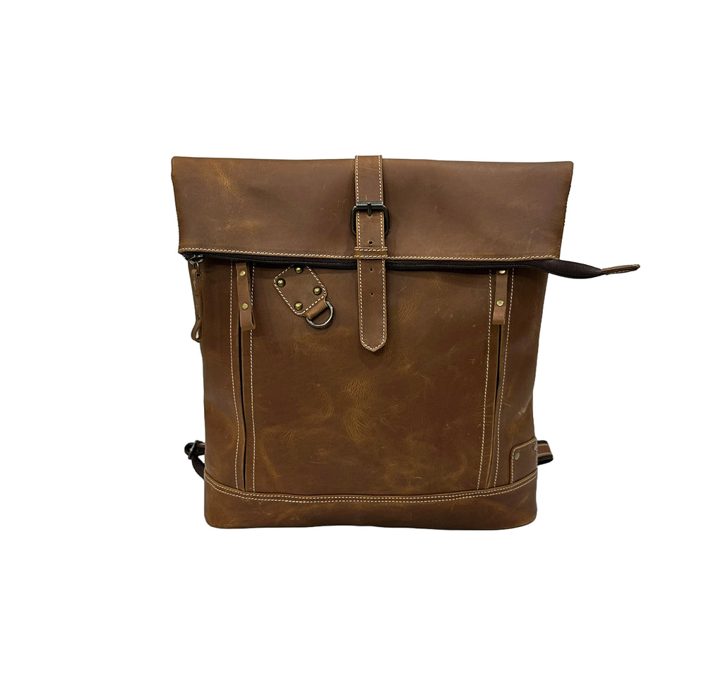 Brown leather backpack on a white background