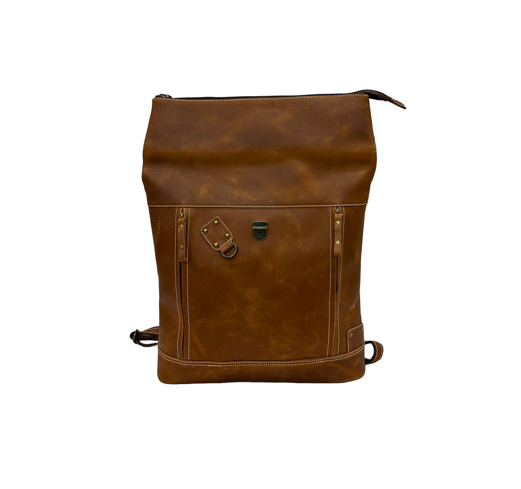 Brown leather backpack on a white background